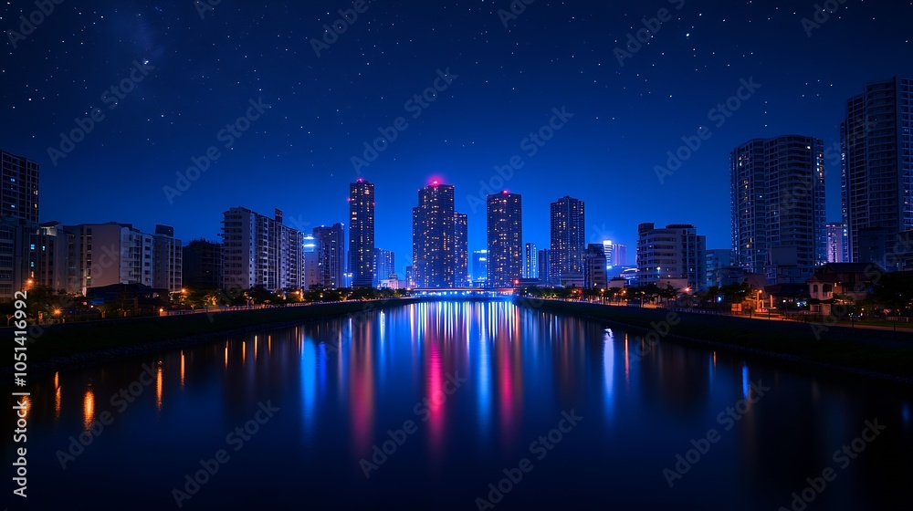 Fototapeta premium Illuminated Cityscape at Night with Reflections on Water Under Starry Sky : Generative AI