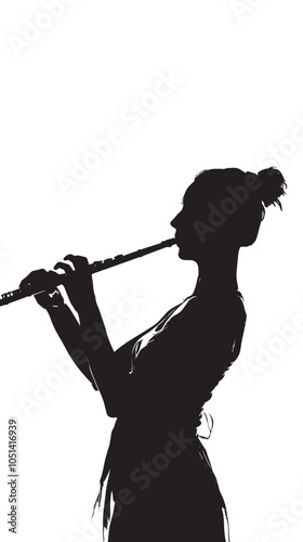 A woman playing Flute silhouette isolated on white background