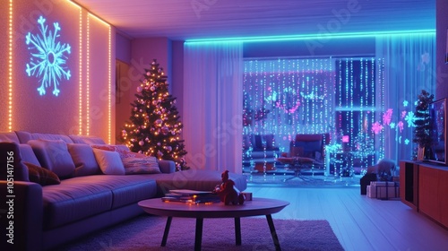 Cozy living room with vibrant neon holiday decor.