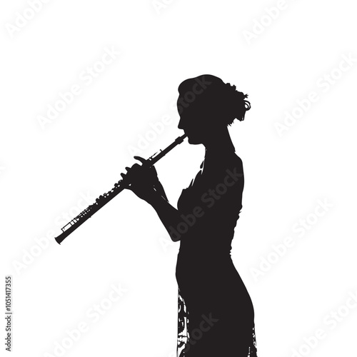 A woman playing Flute silhouette isolated on white background