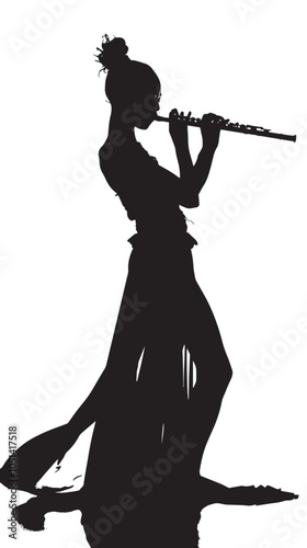 A woman playing Flute silhouette isolated on white background