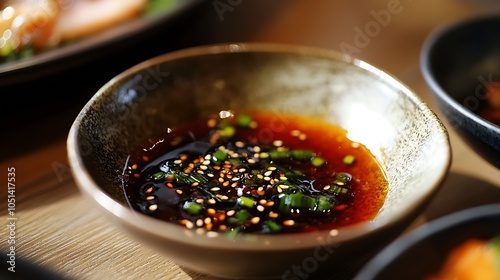 Close-up view of a bowl with savory soy sauce garnished with sesame seeds and scallions in a restaurant setting : Generative AI photo