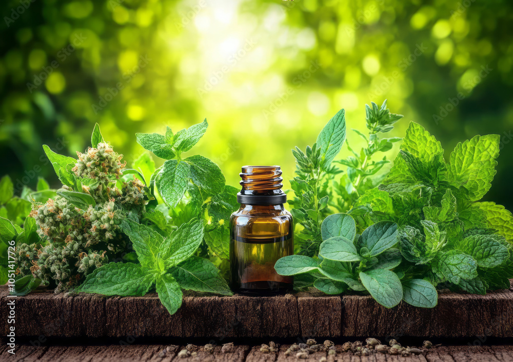 A bottle of essential oil surrounded by various herbs with copy space A bottle of essential oil surrounded by various herbs with copy space