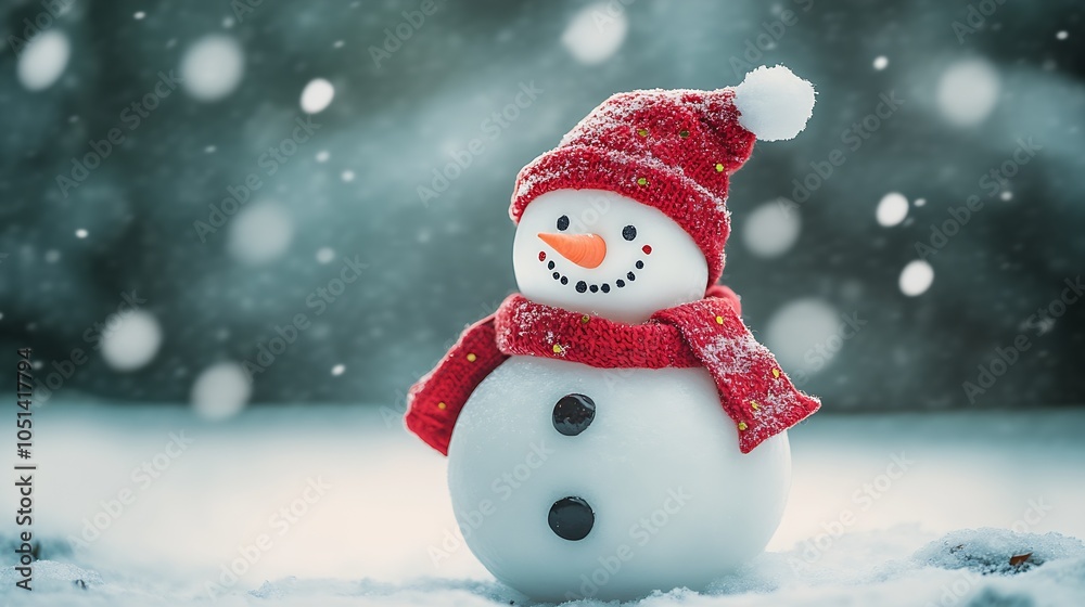 Cute snowman in red hat and scarf surrounded by falling snowflakes on winter day : Generative AI Cute snowman in red hat and scarf surrounded by falling snowflakes on winter day : Generative AI