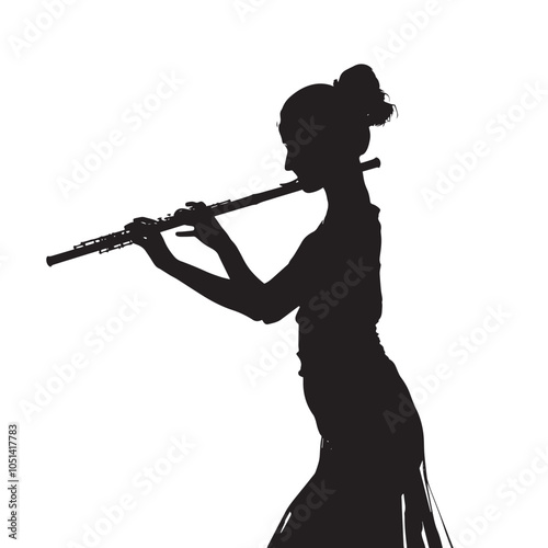 A woman playing Flute silhouette isolated on white background