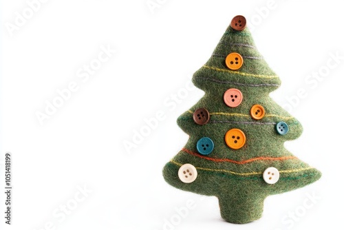 Colorful buttons on handmade felt christmas tree on white background photo