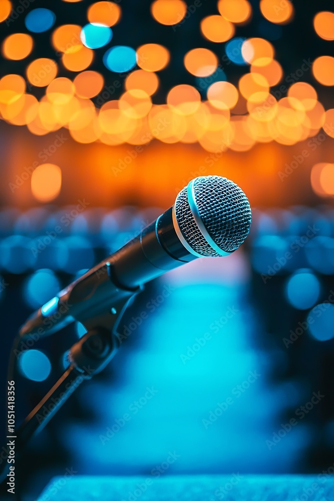 Obraz premium Dynamic Close-Up of Microphone on Stage with Bokeh Lights at Concert : Generative AI