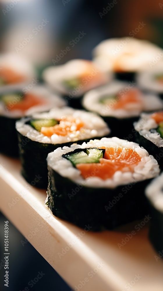 Tasty Salmon Sushi Rolls with Fresh Cucumber and Rice Perfect for Japanese Cuisine Lovers : Generative AI Tasty Salmon Sushi Rolls with Fresh Cucumber and Rice Perfect for Japanese Cuisine Lovers : Generative AI
