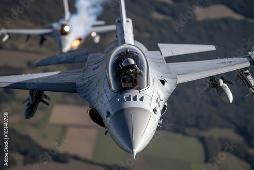 Fighter jet flying over rural landscape during military exercise photo