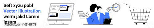 Featuring a computer screen with a document, a woman managing tasks and a shopping cart. Ideal for business, e-commerce, productivity, time management, digital solutions. Banner for landing page