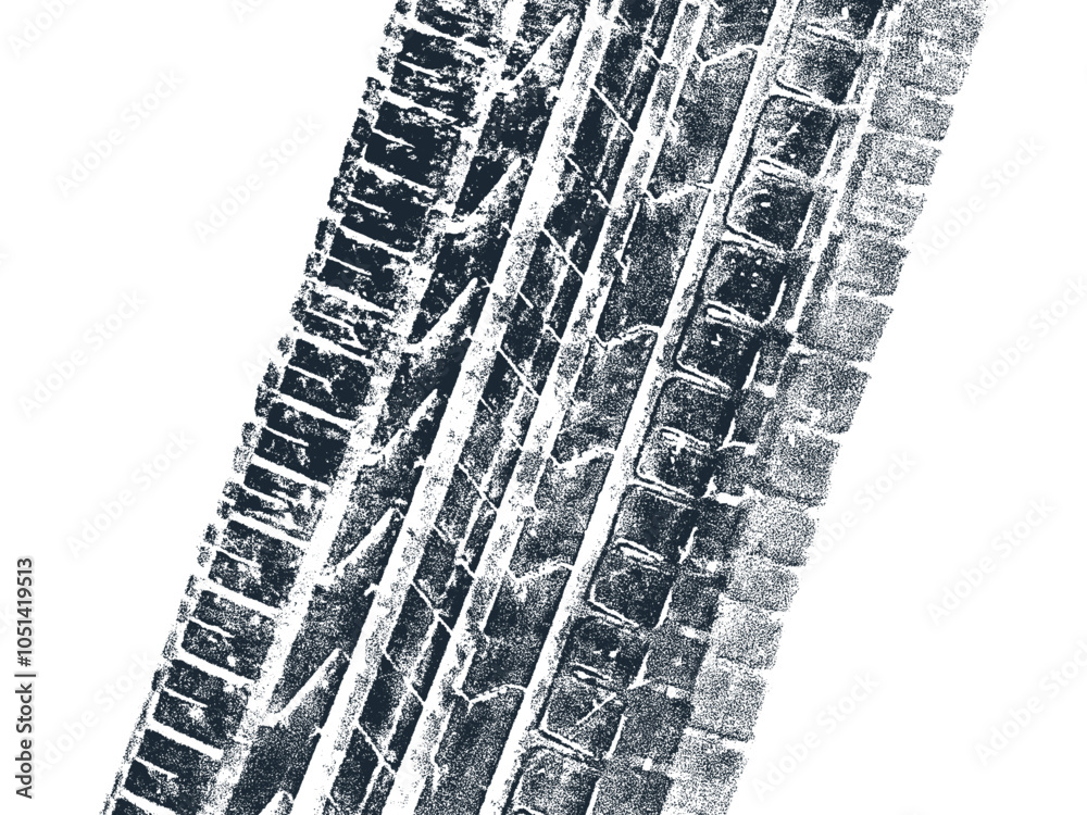 Mud tire tracking. Dirt track from the car wheel protector. Tire mark silhouette. Grunge overlay texture. Abstract black pattern. Vector illustration, EPS 10.