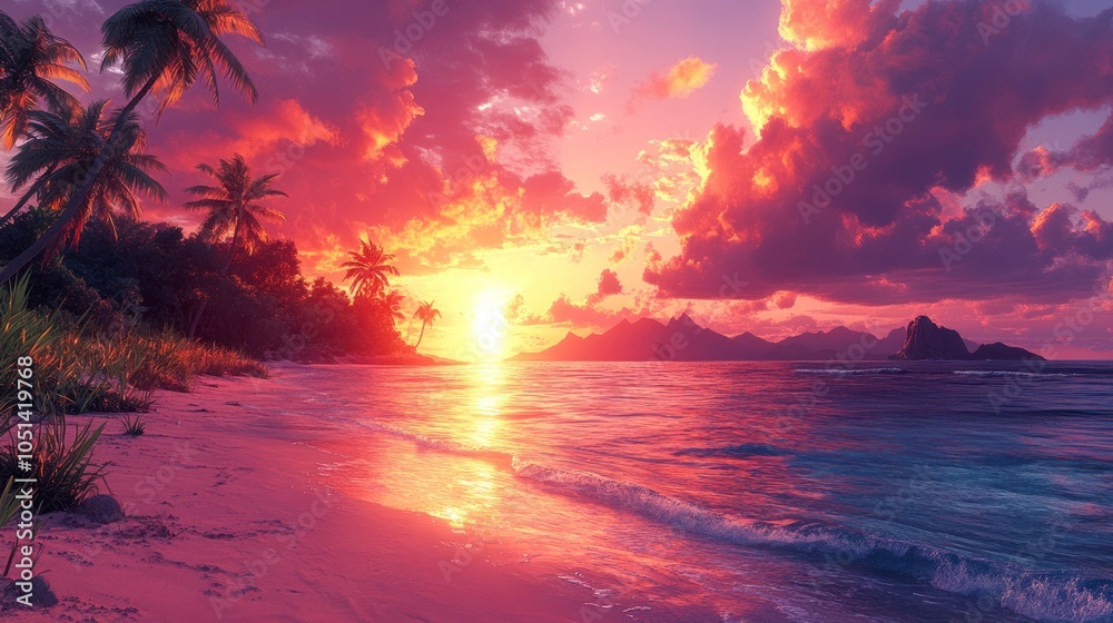 Tropical Beach Sunset with Palm Trees and Mountains Tropical Beach Sunset with Palm Trees and Mountains