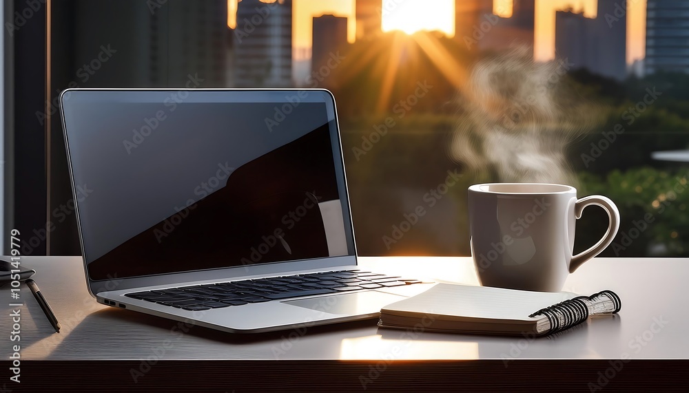 Fototapeta premium Coffee fuels productivity as a hand reaches for a keyboard, illuminating a laptop screen in a bustling office