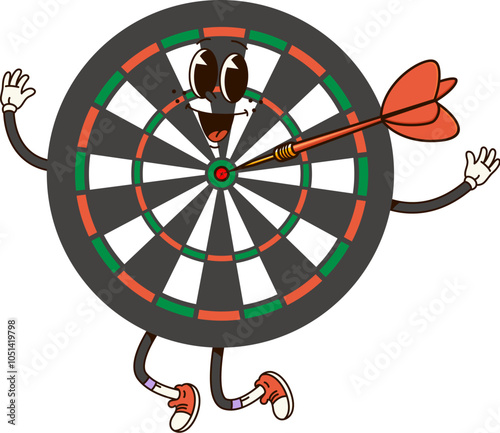 Groovy darts sport character. Cartoon vector playful dartboard personage featuring a dart stuck in the bullseye, conveys a fun and lively vibes for sports or recreational activities exudes excitement