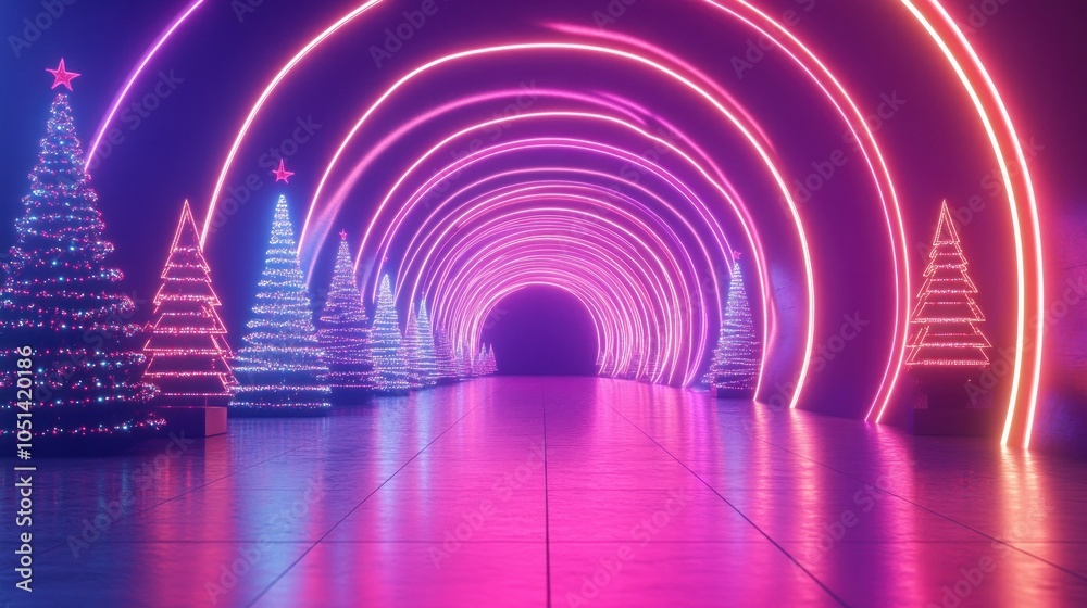 Fototapeta premium Neon-lit tunnel with Christmas trees and gleaming lights.