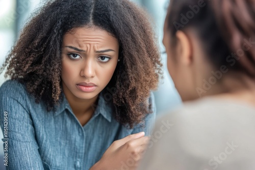 Concerned young woman listening intently in conversation photo