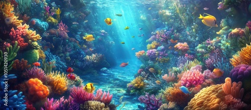 Vibrant coral reef with colorful fish and bright sunlight shining through the water.