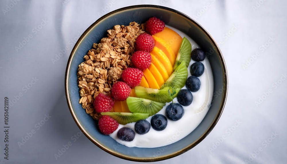 A colorful bowl of muesli topped with fresh fruits and berries, showcasing a healthy and vibrant breakfast option A colorful bowl of muesli topped with fresh fruits and berries, showcasing a healthy and vibrant breakfast option