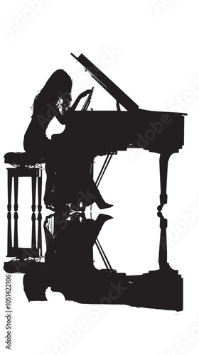 A woman playing Piano silhouette isolated on white background