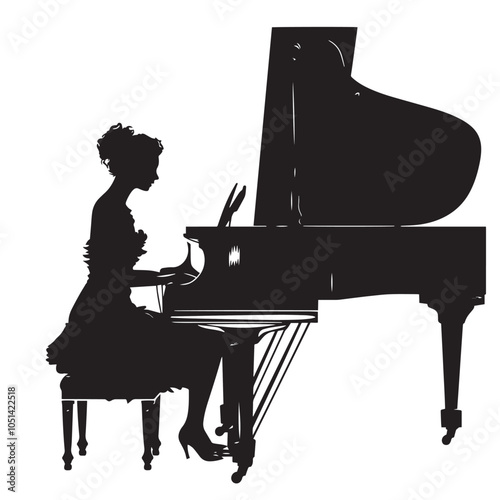 A woman playing Piano silhouette isolated on white background