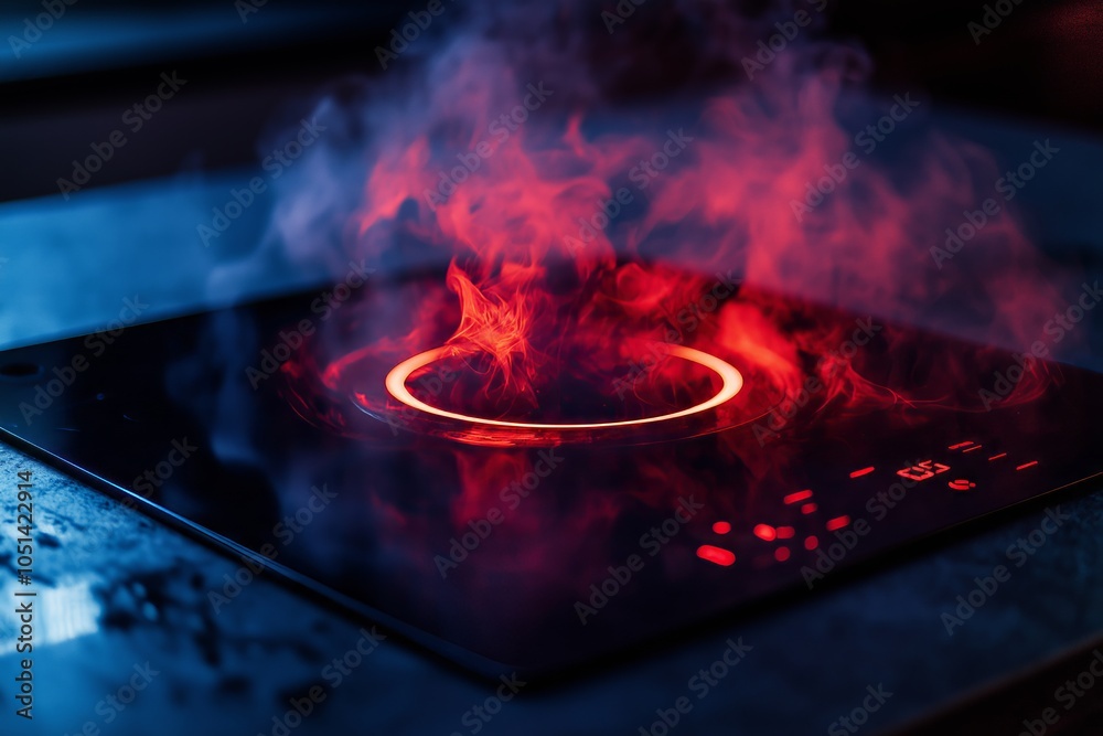 Modern Induction Cooktop: A Sleek Kitchen Contrast with Burnt Surface and Illuminated Display