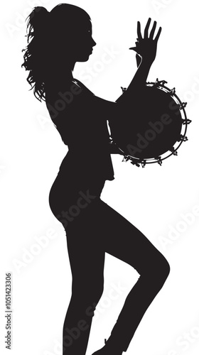 A woman playing Tambourine silhouette isolated on white background