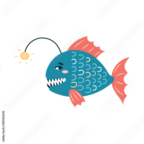 Cute anglerfish on a white background. Character in children's style. Isolated vector illustration.