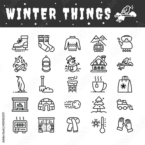 Winter Things line icon set