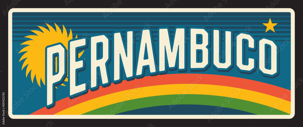 Pernambuco metal sign, retro rainbow travel plate. Brasil estados tin plaque. Recife state capital, car number or retro memory card. Vintage flag, Brazilian district and state signboard