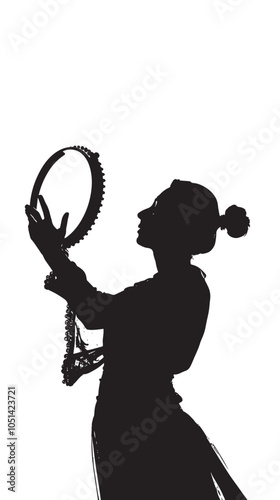 A woman playing Tambourine silhouette isolated on white background