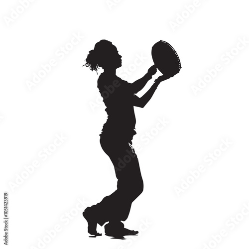 A woman playing Tambourine silhouette isolated on white background
