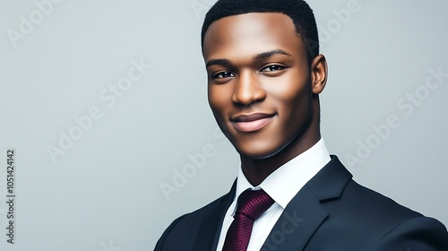 Close-up of a motivated and imposing man in professional attire, exuding confidence and readiness for a business meeting, set against a neutral grey backdrop