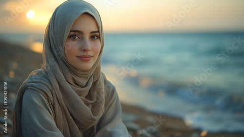 A serene portrait of a woman in a hijab by the beach at sunset.