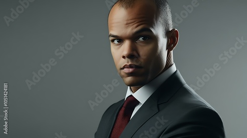 Head-and-shoulders portrait of a determined and professional-looking broker or agent, showing intensity and readiness for a briefing, set against a soft grey background