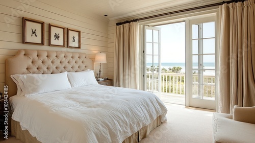 A luxurious bedroom with a king-sized bed, white bedding, and a view of the ocean through French doors.