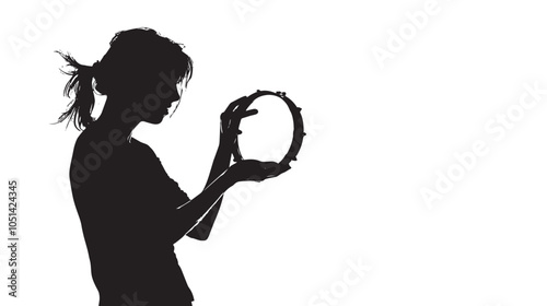 A woman playing Tambourine silhouette isolated on white background