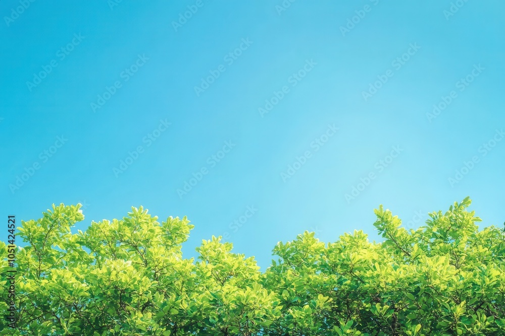 Fototapeta premium Vibrant green treetops clear blue sky