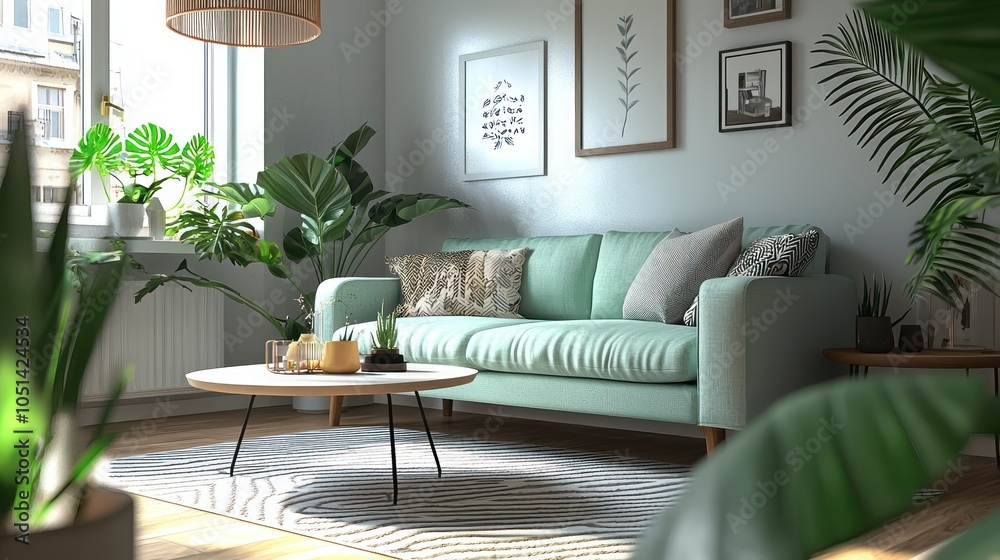 Fototapeta premium Cozy Scandinavian room with mint sofa, stylish table, and greenery.