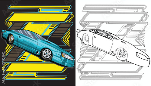 Outline blue and painted racing car. Isolated in black background, for t-shirt design, print, and for business purposes.