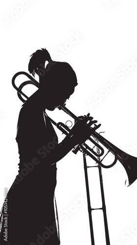 A woman playing Trombone silhouette isolated on white background