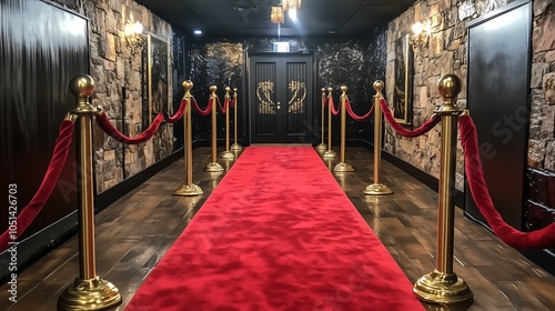 A red carpet elegant gold stanchions and velvet ropes, glamorous entrance, modern sleek building sophistication, mockup for Hollywood stars celebrity cat walk