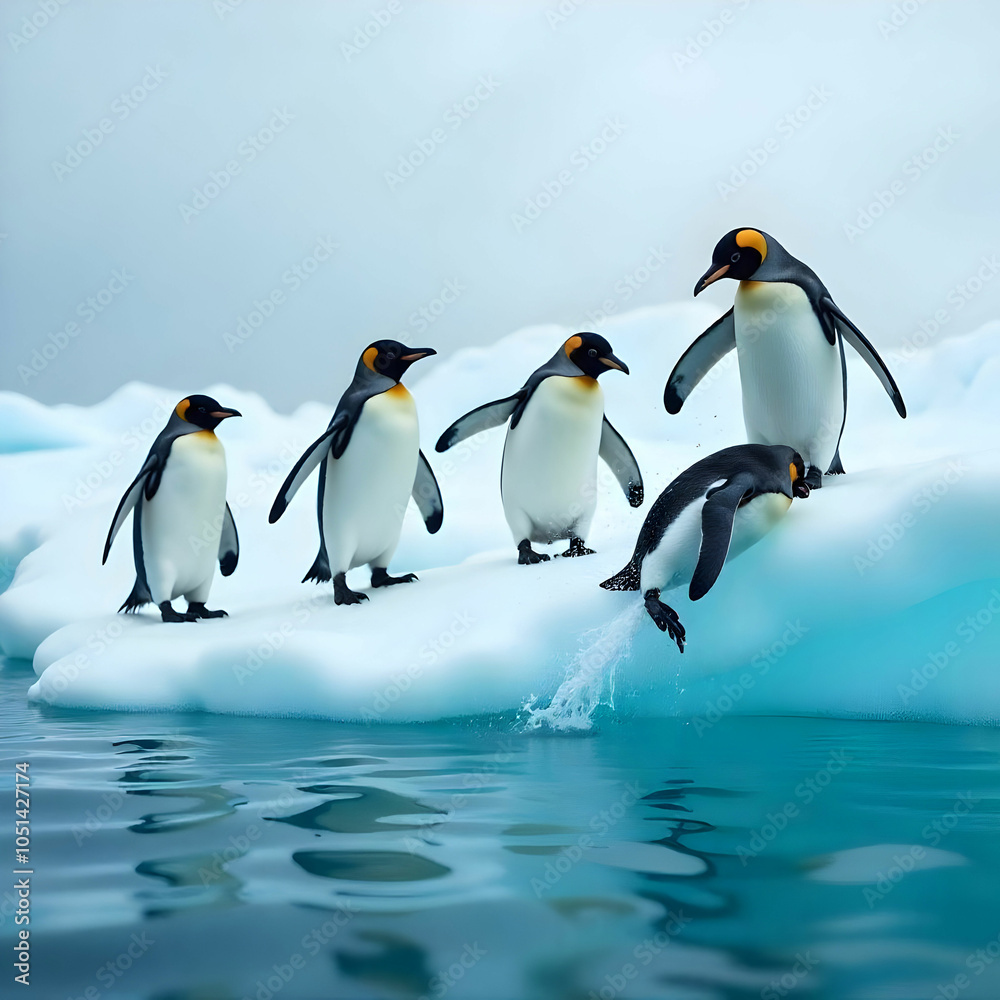 Fototapeta premium A group of clumsy penguins tries to surf on icebergs, with one penguin making a splash as it hilariously tumbles into the water