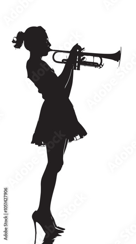 A woman playing Trumpet silhouette isolated on white background