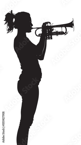 A woman playing Trumpet silhouette isolated on white background
