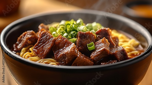 Freshly Cooked Beef Noodles with Steaming Aromatic Broth and Garnished Green Onion : Generative AI