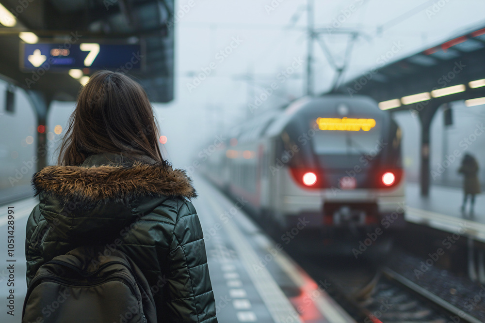 Back view of woman at platform with passing train Back view of woman at platform with passing train
