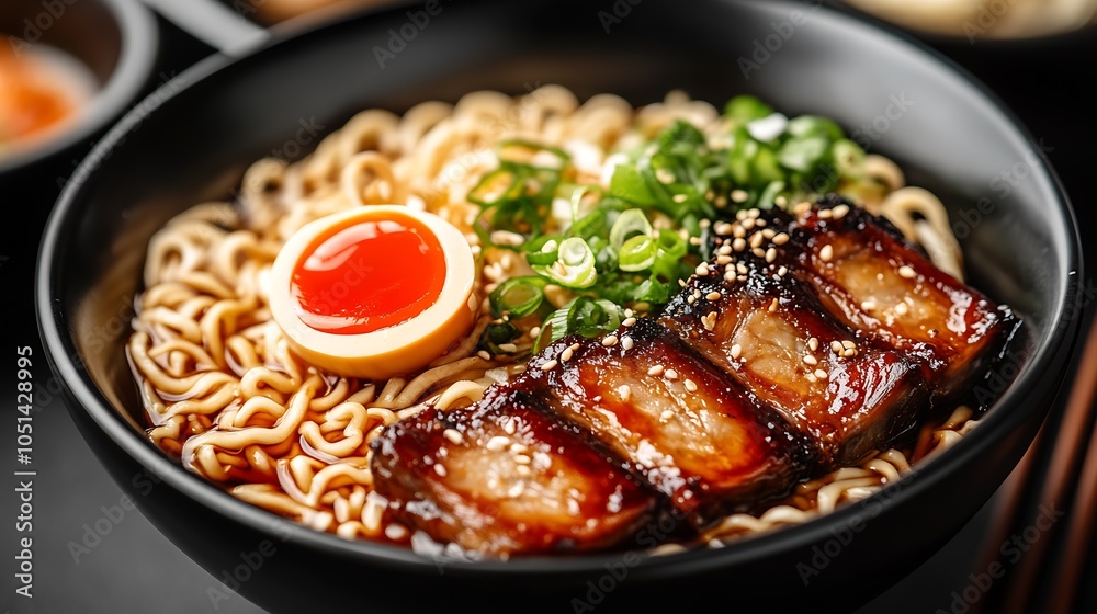 Fototapeta premium Gourmet Tonkotsu Ramen with Glazed Pork Belly and Fresh Green Onions in Black Bowl : Generative AI