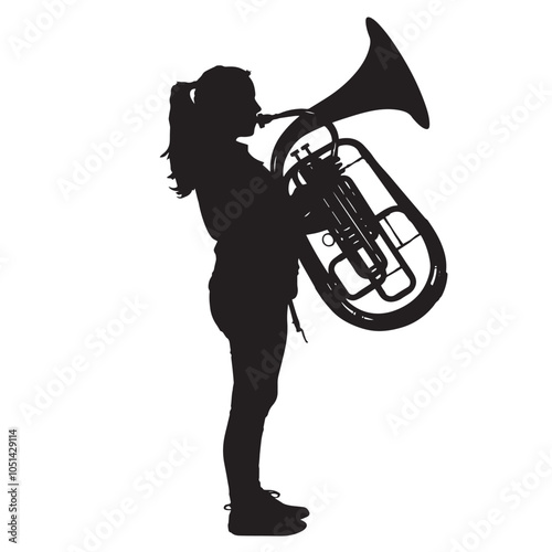A woman playing Tuba silhouette isolated on white background