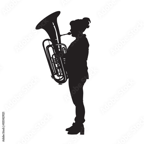 A woman playing Tuba silhouette isolated on white background