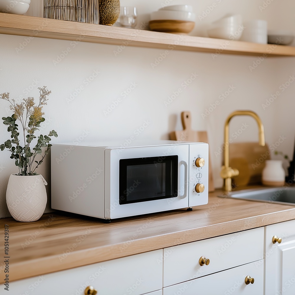 Fototapeta premium Close-Up of Microwave Oven in a Modern, Stylish, and Tidy Kitchen Setting